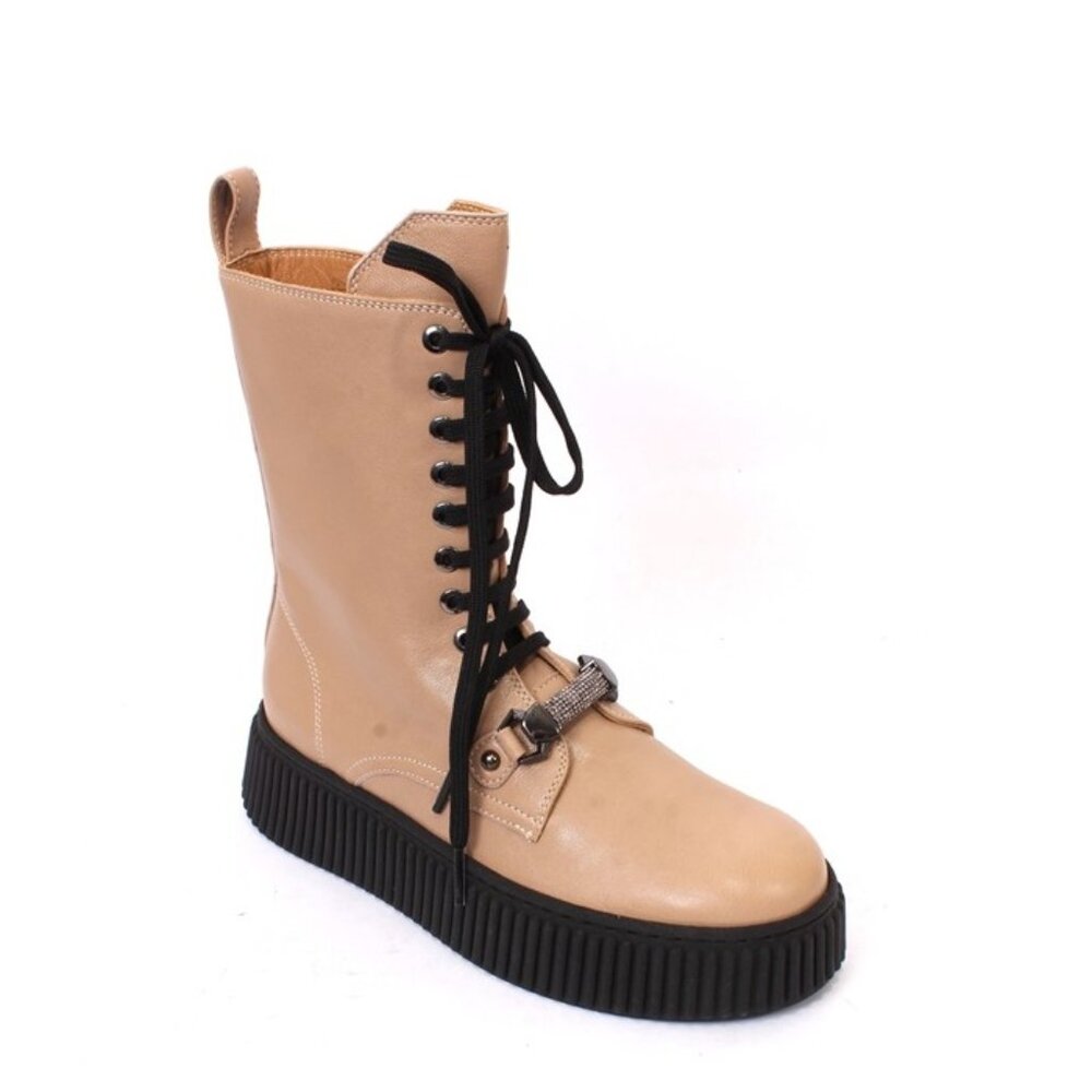 MOT-CLe 2795 Beige Leather Zip-Up Lace-Up Wedge Boots